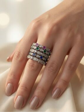 S925 Silver Stacked Rings Radiant Gemstones Pink Emerald Sapphire Diamonds